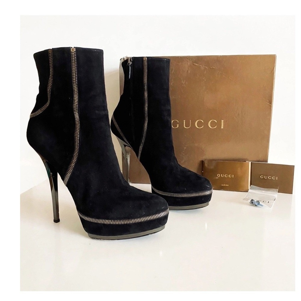 Gucci Black Suede Zipper Platform Ankle Boots 40 Stiletto Italy Frida Giannini